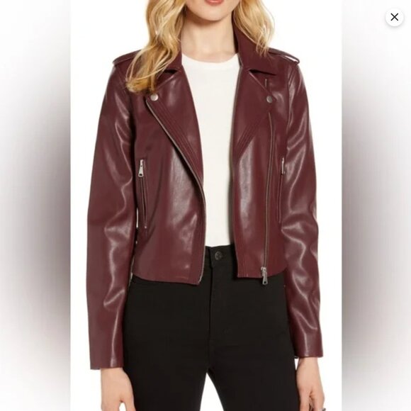Halogen Faux Leather Moto Jacket, Burgundy, Size S - Picture 1 of 11